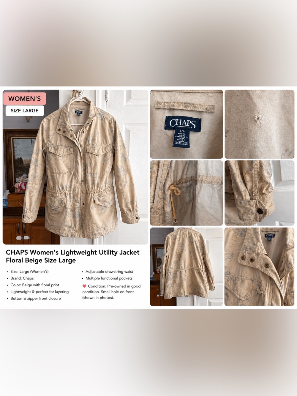 Chaps Women’s Lightweight Utility Jacket Floral Beige Size Large